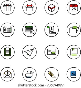 line vector icon set - gift vector, 25 dec calendar, finance, account history, folder, clipboard, paper plane, envelope, book, mail dollar, printer wireless, work knife, abc