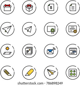 line vector icon set - gift vector, account statement, document, paper plane, fly, certificate, mat, photo, wireless mail, terms plan, work knife, cube hole toy