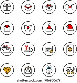 line vector icon set - gift vector, bow, christmas hat, santa sleigh, certificate, diamond, mail dollar, toy rabbit, cat