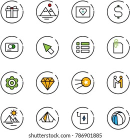 line vector icon set - gift vector, mountains, first aid kit, dollar sign, credit card, cursor, menu, attachment, gear, diamond, satellite, agreement, pyramid, tent, power bank, basketball