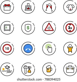 line vector icon set - gift vector, fireplace, wine glasses, dog, safe, round motion road sign, limited height, speed limit 10, detour, hand cursor, success, palm, ship bell, beer, tool box