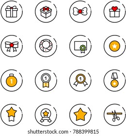 line vector icon set - gift vector, bow, christmas wreath, certificate, star medal, gold, opening