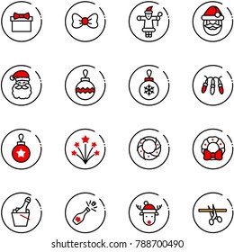 line vector icon set - gift vector, bow, santa claus, christmas ball, garland, firework, wreath, champagne, deer hat, opening