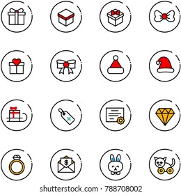 line vector icon set - gift vector, bow, christmas hat, sleigh, medical label, certificate, diamond, ring, mail dollar, toy rabbit, cat