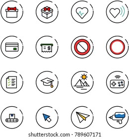 line vector icon set - gift vector, heart pulse, beat, credit card, receipt, prohibition road sign, list, graduate hat, pyramid, joystick wireless, conveyor, cursor, paper plane, water gun