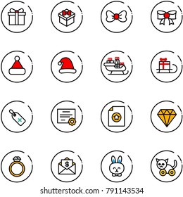 line vector icon set - gift vector, bow, christmas hat, santa sleigh, medical label, certificate, diamond, ring, mail dollar, toy rabbit, cat