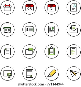line vector icon set - gift vector, 25 dec calendar, 31, patient card, receipt, finance, account statement, opened mail, document, folder, clipboard, certificate, agreement, work knife, paper plane