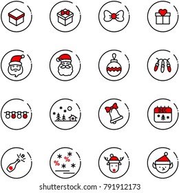 line vector icon set - gift vector, bow, santa claus, christmas ball, garland, landscape, bell, calendar, champagne, sale, deer hat, elf
