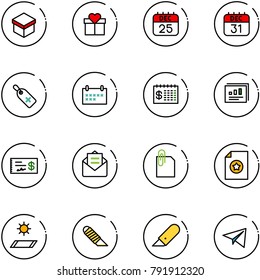 line vector icon set - gift vector, 25 dec calendar, 31, medical label, schedule, finance, statistics report, check, opened mail, attachment, certificate, mat, work knife, paper plane