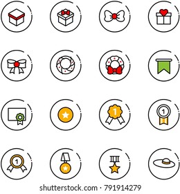 line vector icon set - gift vector, bow, christmas wreath, flag, certificate, star medal, gold, woman hat