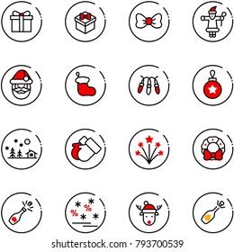 line vector icon set - gift vector, bow, santa claus, christmas sock, garland, ball, landscape, gloves, firework, wreath, champagne, sale, deer hat, fizz opening
