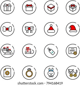 line vector icon set - gift vector, bow, christmas hat, santa sleigh, medical label, certificate, diamond ring, toy rabbit, cat