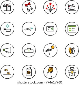 line vector icon set - gift vector, bell, firework, turkey, hospital bed, push ups, tap pay, website, loudspeaker, pedestal, beach, flip flops, passport, kite, bear toy