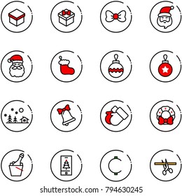 line vector icon set - gift vector, bow, santa claus, christmas sock, ball, landscape, bell, gloves, wreath, champagne, mobile, cent, opening