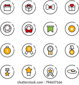 line vector icon set - gift vector, bow, christmas wreath, flag, star medal, gold, woman hat