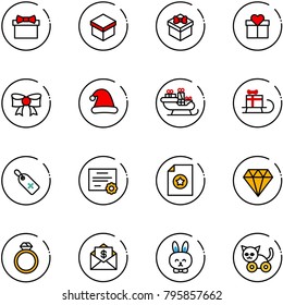 line vector icon set - gift vector, bow, christmas hat, santa sleigh, medical label, certificate, diamond, ring, mail dollar, toy rabbit, cat