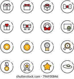 line vector icon set - gift vector, bow, christmas wreath, certificate, star medal, gold, woman hat