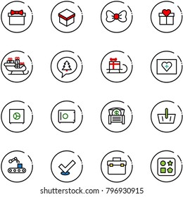line vector icon set - gift vector, bow, santa sleigh, merry christmas message, first aid kit, safe, money chest, basket, conveyor, check, tool box, cube hole toy