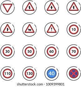 line vector icon set - giving way vector road sign, intersection, cow, attention, speed limit 10, 30, 50, 60, 70, 110, 130, minimal, no stop