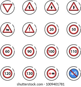 line vector icon set - giving way vector road sign, intersection, cow, attention, speed limit 20, 50, 60, 90, 100, 110, 120, 130, no overtake, end minimal