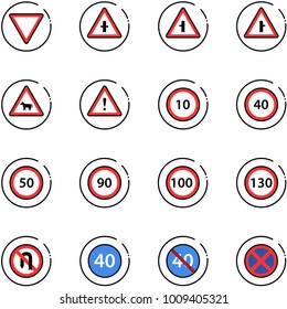 line vector icon set - giving way vector road sign, intersection, cow, attention, speed limit 10, 40, 50, 90, 100, 130, no turn back, minimal, end, stop