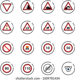 line vector icon set - giving way vector road sign, landslide, climb, embankment, traffic light, children, railway intersection, prohibition, no dangerous cargo, speed limit 10, 50, 80, 110, end