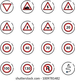line vector icon set - giving way vector road sign, steep descent, intersection, cow, speed limit 20, 30, 40, 70, 80, 100, 130, no turn back, trip