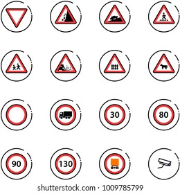 line vector icon set - giving way vector road sign, landslide, climb, pedestrian, children, gravel, railway intersection, cow, prohibition, no truck, speed limit 30, 80, 90, 130, dangerous cargo