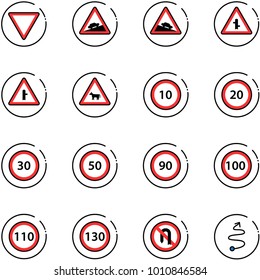 line vector icon set - giving way vector road sign, climb, steep descent, intersection, cow, speed limit 10, 20, 30, 50, 90, 100, 110, 130, no turn back, trip