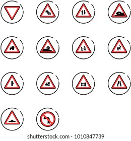 line vector icon set - giving way vector road sign, multi lane traffic, oncoming, climb, tractor, steep roadside, children, wild animals, intersection, railway, narrows, artificial unevenness