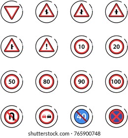 line vector icon set - giving way vector road sign, intersection, attention, speed limit 10, 20, 50, 80, 90, 100, no turn back, overtake, end minimal, stop