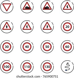 line vector icon set - giving way vector road sign, climb, steep descent, intersection, speed limit 20, 30, 40, 50, 60, 100, 110, 130, trip