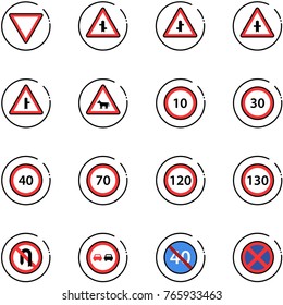 line vector icon set - giving way vector road sign, intersection, cow, speed limit 10, 30, 40, 70, 120, 130, no turn back, overtake, end minimal, stop