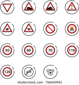 line vector icon set - giving way vector road sign, climb, steep descent, traffic light, railway intersection, cow, prohibition, no dangerous cargo, speed limit 50, 60, 70, 110, 120, end overtake