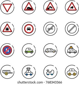 line vector icon set - giving way vector road sign, climb, embankment, tractor, tunnel, no car, end overtake limit, parking even, limousine, baggage, trailer, toy, baby