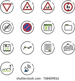 line vector icon set - giving way vector road sign, airport, children, limited height, end speed limit, no parking, website, folder, save, chart point arrow, agreement, open, growth