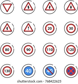 line vector icon set - giving way vector road sign, intersection, attention, speed limit 20, 30, 80, 90, 110, 120, 130, minimal, end, no stop