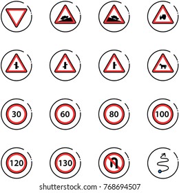 line vector icon set - giving way vector road sign, climb, steep descent, tractor, intersection, cow, speed limit 30, 60, 80, 100, 120, 130, no turn back, trip