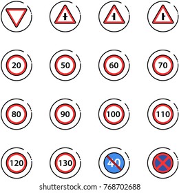 line vector icon set - giving way vector road sign, intersection, speed limit 20, 50, 60, 70, 80, 90, 100, 110, 120, 130, end minimal, no stop