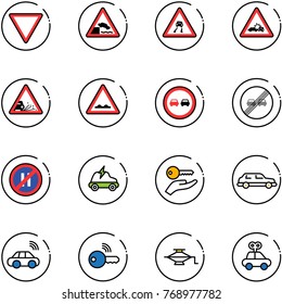 line vector icon set - giving way vector road sign, embankment, slippery, car crash, gravel, rough, no overtake, end limit, parking even, electric, key hand, limousine, wireless, jack, toy