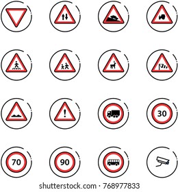 line vector icon set - giving way vector road sign, oncoming traffic, steep descent, tractor, pedestrian, children, wild animals, side wind, rough, attention, no truck, speed limit 30, 70, 90, bus