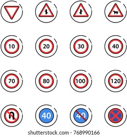 line vector icon set - giving way vector road sign, intersection, cow, speed limit 10, 20, 30, 40, 70, 80, 100, 120, no turn back, minimal, end, stop