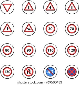 Line Vector Icon Set - Giving Way Vector Road Sign, Intersection, Cow, Speed Limit 30, 70, 80, 90, 110, 120, 130, No Turn Back, End Minimal, Stop