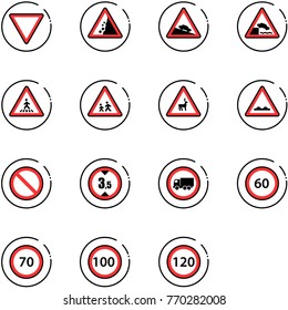 line vector icon set - giving way vector road sign, landslide, steep descent, embankment, pedestrian, children, wild animals, rough, prohibition, limited height, no truck, speed limit 60, 70, 100