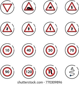line vector icon set - giving way vector road sign, climb, tractor, intersection, speed limit 10, 40, 50, 70, 90, 120, no turn back, trip