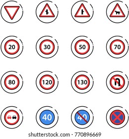 line vector icon set - giving way vector road sign, intersection, cow, speed limit 20, 30, 50, 70, 80, 120, 130, no turn back, overtake, minimal, end, stop