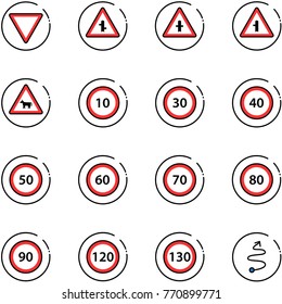 line vector icon set - giving way vector road sign, intersection, cow, speed limit 10, 30, 40, 50, 60, 70, 80, 90, 120, 130, trip