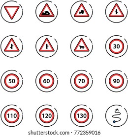 line vector icon set - giving way vector road sign, steep descent, tractor, intersection, cow, speed limit 30, 50, 60, 70, 90, 110, 120, 130, trip