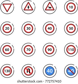 line vector icon set - giving way vector road sign, intersection, cow, speed limit 10, 20, 30, 40, 50, 60, 70, 90, 110, 130, no turn back, minimal, end