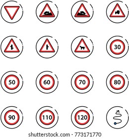 line vector icon set - giving way vector road sign, climb, steep descent, tractor, intersection, cow, speed limit 30, 50, 60, 70, 80, 90, 110, 120, trip